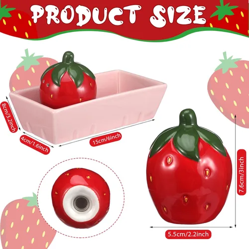 Miniatura 2 de Juego de 3 saleros y pimenteros de fresa, bonitos saleros y pimenteros con bandeja rosa, divertidos recipientes de cerámica para almacenamiento