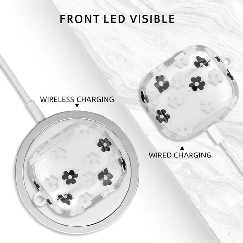 Miniatura 4 de Funda compatible con AirPods 3 2021, TPU suave con bonito patrón de flores para AirPods de 3ª generación con llavero de flores y mosquetón para Negro