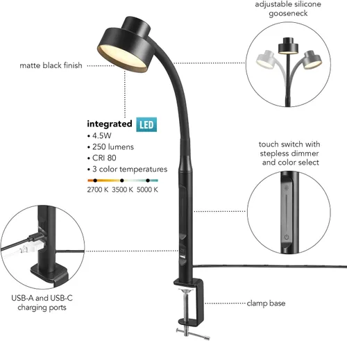 Miniatura 5 de Globe Electric 62000036 Lámpara de escritorio LED de 15" con abrazadera integrada, color negro mate, cuello de cisne de silicona ajustable