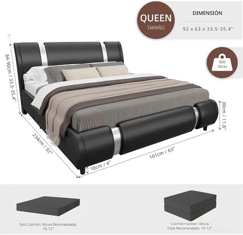 Miniatura 2 de Keyluv Base de cama moderna tapizada de piel sintética con cabecera decorativa de metal, soporte de listones de madera, no necesita somier