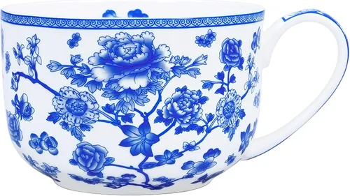 Miniatura 8 de Tazones de sopa de 25 onzas con asas, taza de sopa de porcelana y hueso con asas, taza de sopa de flora grande para café, cereales, avena con leche