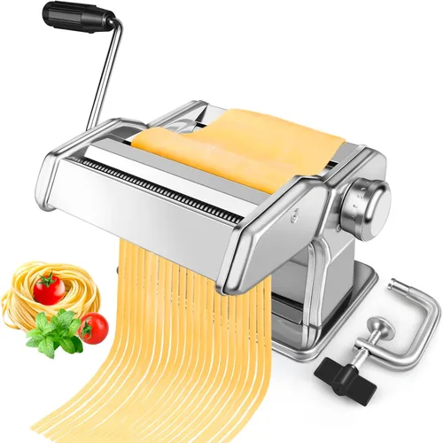 Máquina para hacer pasta con rodillo de 7 ajustes de grosor, cortador 2 en 1, manivela y abrazadera de mesa, máquina manual de pasta de acero