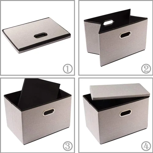 Miniatura 6 de PRANDOM Contenedor de almacenamiento plegable con tapa [1 unidad] Caja de almacenamiento decorativa de tela de lino, cesta organizadora con asas