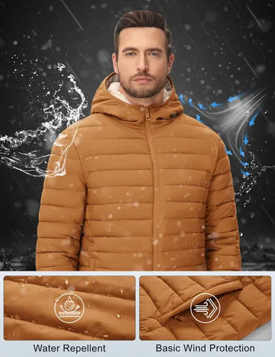 Miniatura 14 de MAGCOMSEN Chaqueta acolchada para hombre con capucha, forro de vellón, chaqueta térmica resistente al agua, chaqueta de plumón con cremallera