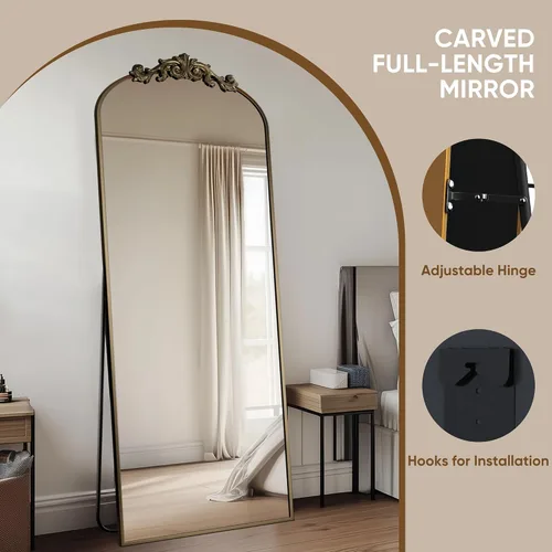 Miniatura 5 de Antok - Espejo de cuerpo completo arqueado, 65"x24" de piso con tallado, espejos de cuerpo completo para decoración del hogar, espejo de pared Bronce