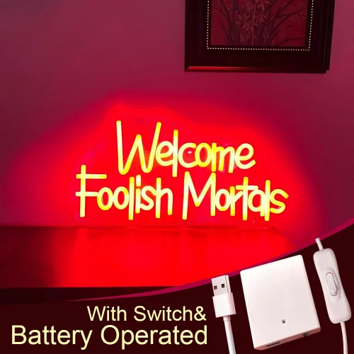 Miniatura 3 de Letrero de neón de Welcome Foolish Mortals, funciona con pilas, para fiesta de Halloween, puerta de casa embrujada, decoración de Halloween