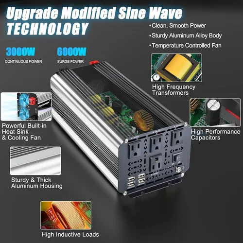 Miniatura 5 de Cantonape Inversor de corriente de 3000 W de 12 V a 110 V/120 V CC a CA con pantalla LCD, control remoto y 4 salidas de CA, adaptador de coche