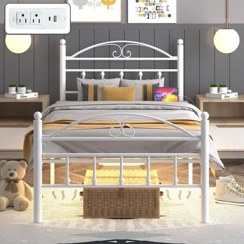 Miniatura 11 de Marcos de Cama Tamaño Twin con Estación de Carga, Marco de Cama de Plataforma de Metal Negro con Luces LED, Soporte de Listones de Acero Metal