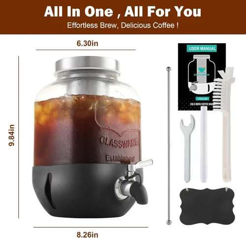 Miniatura 4 de Cafetera de café frío, cafetera de café helado de 1 galón con filtro de acero inoxidable, jarra de vidrio resistente para café frío con espita