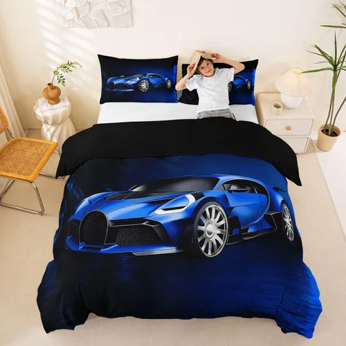 Miniatura 5 de Feelyou Juego de funda de edredón de coche deportivo, juego de ropa de cama azul de carreras para niños y niñas, funda de edredón de deportes