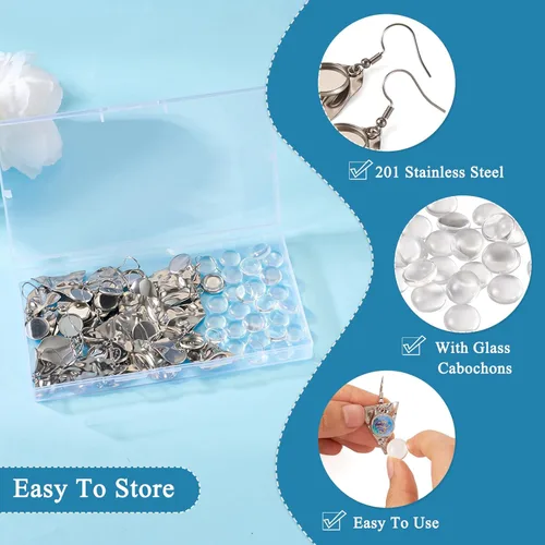 Miniatura 7 de FASHEWELRY 54Pcs Bandejas de bisel para pendientes de acero inoxidable en blanco Geometría rombos lágrima con cabujones de vidrio redondo de 12 mm