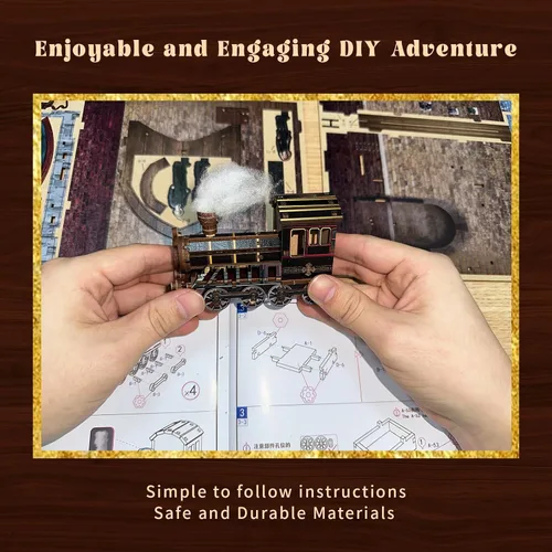 Miniatura 8 de Kit de rincón de libros, estante en miniatura para casa con luces LED y música, rompecabezas de madera 3D de estación de tren retro para adultos