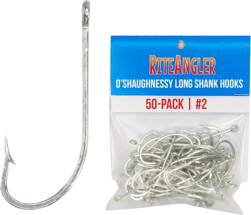 Rite Angler O'Shaughnessy - Paquete de 50 ganchos de mango largo para pesca costera y marina, arrastre en agua salada y agua dulce, varios tamaños