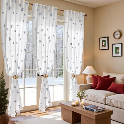 Miniatura 4 de JINCHAN Cortinas de copo de nieve de Navidad para sala de estar y dormitorio, cortinas bordadas azules y blancas, 84 pulgadas de largo (213.36 cm)