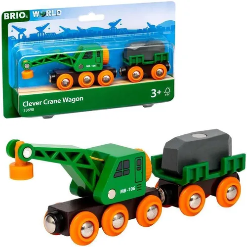 BRIO World 33698 - Clever Crane Wagon Set - Juego de 4 piezas de tren de juguete de madera para niños | Juego imaginativo | Compatibilidad con otros