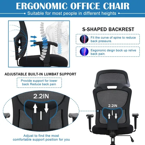 Miniatura 5 de Silla de oficina ergonómica, silla de escritorio de computadora de altura ajustable de 400 libras con soporte lumbar de esponja ajustable, silla