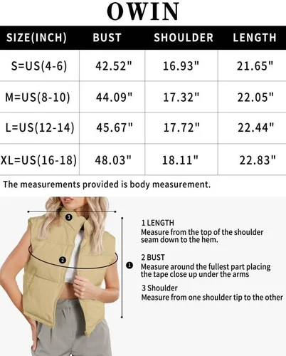 Miniatura 6 de OWIN Chaleco acolchado de invierno para mujer, cuello alto, con cremallera, acolchado, con bolsillos