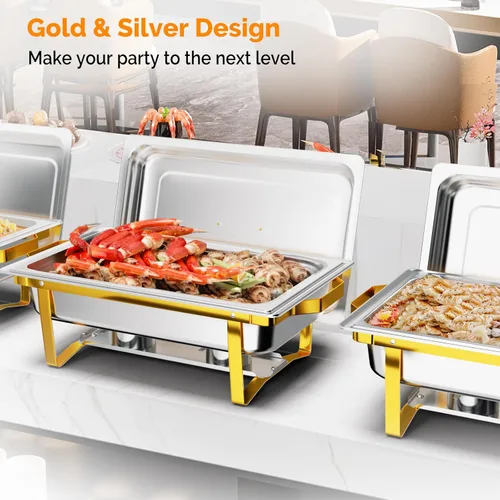 Miniatura 6 de ROVSUN Platos de roce para buffet, paquete de 6 platos de 9 cuartos de galón [elegante oro y plata] con diseño de borde enrollado, juego