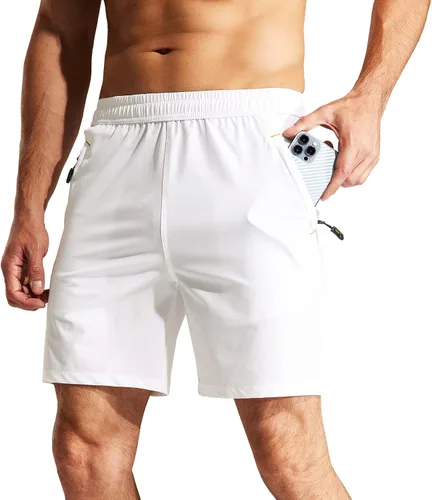 Miniatura 24 de MIER - Pantalones cortos de correr para hombre, de secado rápido, con bolsillo con cremallera, cintura elástica, pantalones cortos atléticos
