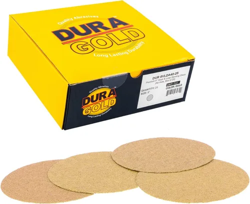 Dura-Gold Discos de papel de lija dorados de grano 40 de 6 pulgadas, sin polvo, sin polvo, caja de 25, respaldo de gancho y bucle para lijadora DA,