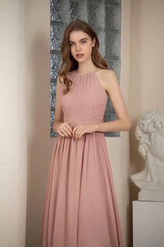 Miniatura 4 de Huaxiafan Vestidos de dama de honor sin mangas, tirantes delgados, plisados, vestido de noche formal, cuello halter, vestido de graduación