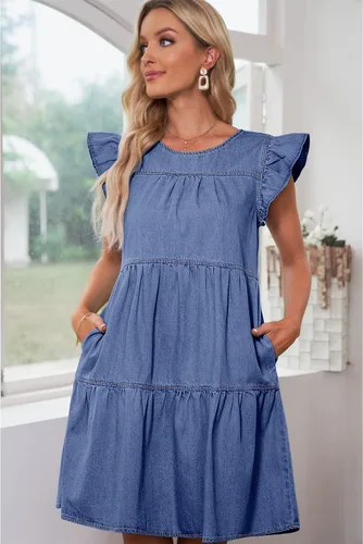 Miniatura 5 de luvamia Vestido de mezclilla 2025 para mujer, estilo babydoll de verano, sin mangas, manga con volantes, vestido plisado suelto con vuelo