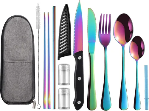 Logcow Utensilios de viaje con estuche, utensilios reutilizables, juego de cubiertos portátiles de viaje para camping, juego de cubiertos de acero