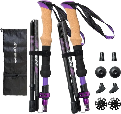 Miniatura 9 de BISINNA Bastones de senderismo de fibra de carbono plegables, bastones ligeros con mango de corcho, cierre rápido para mujeres y hombres, 2