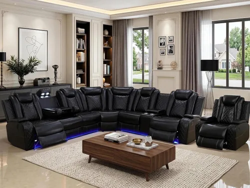 Miniatura 36 de Juego de sofá modular reclinable eléctrico con LED, juegos de muebles de sala de estar, sofá reclinable de cuero para sala de estar/cine en casa