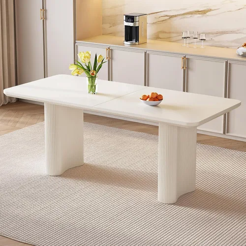 Miniatura 9 de Mesa de comedor rectangular de 78.97 pulgadas, mesa de cocina moderna con patas onduladas, mesa de comedor para el hogar para cocina, bar, Blanco