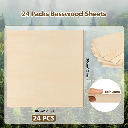 Miniatura 2 de Adrattnay Hojas de Tilo de 3mm - 3/8 x 30,5 x 30,5 cm, 24 piezas de madera contrachapada cuadrada de tilo para corte láser y grabado DIY, grabado