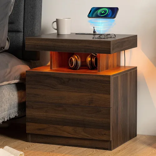 Miniatura 9 de HOMMPA Mesita de noche negra con estación de carga inalámbrica, mesita de noche de alto brillo con 3 cajones, mesa auxiliar con carga USB tipo C