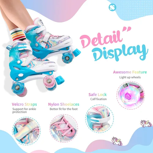 Miniatura 3 de SULIFEEL Rainbow Unicorn - Patines ajustables de 4 tamaños para niñas y niños de 3-5, 5-8, 6-12 años, patines para interiores y exteriores C Azul