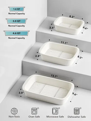 Miniatura 7 de LE TAUCI Fuentes Hondas para Horno, Juego de Fuentes de Cerámica para Hornear de 13.7"x9.6" con Rejillas para Asar, Moldes Grandes para Lasaña