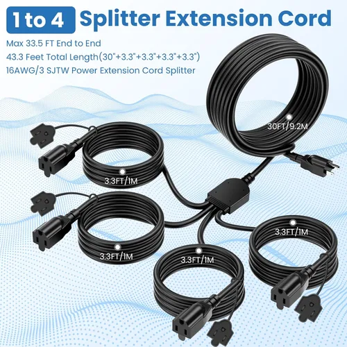 Miniatura 4 de YOTIGER Cable de extensión para exteriores de 1 a 4 divisores para luces de Navidad, máximo 33.3 pies de extremo a extremo (43 pies en total)