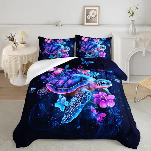Miniatura 23 de AILONEN Lindo juego de edredón de ajolote tamaño Queen, 3 piezas para niños y niñas, ropa de cama en una bolsa, ropa de cama costera azul turquesa