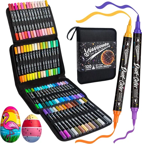 Marcadores de pintura acrílica de 120 colores, paquete de 60 bolígrafos de pintura acrílica con puntas de pincel de doble color, secado rápido, sin