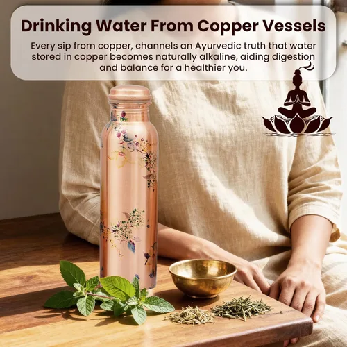 Miniatura 2 de Craft Trade Botella de agua de cobre puro de 32 onzas / 32.1 fl oz con hermoso diseño botánico floral Frasco curativo ayurvédico a prueba de fugas