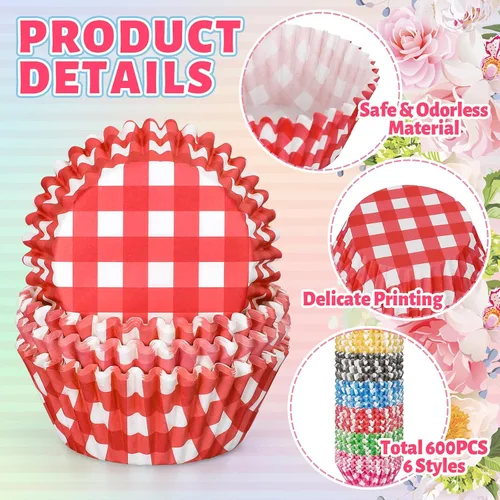 Miniatura 3 de Whaline 600 forros para cupcakes a cuadros de búfalo, coloridos envoltorios de cupcakes a cuadros para hornear muffins para baby shower, boda