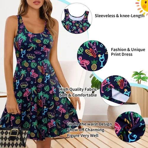 Miniatura 91 de uideazone - Vestido de mujer sin mangas cuello redondo de verano, para playa, casual, Midi línea A.