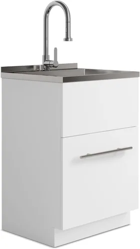 SIMPLIHOME Metro - Lavabo y gabinete de lavandería todo en uno de 24 pulgadas de ancho en acabado blanco puro, gabinete de fregadero de acero