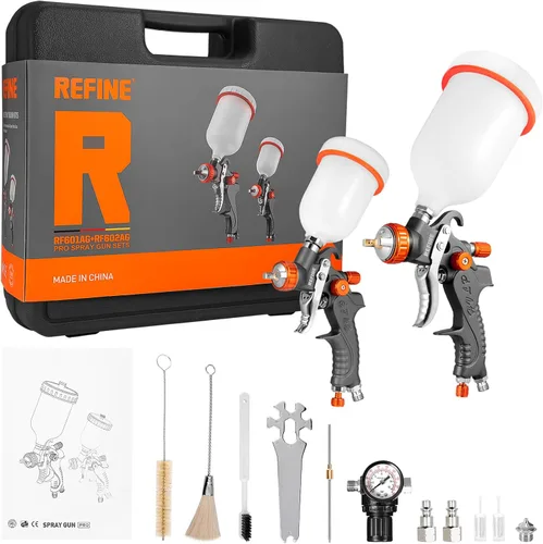 REFINE HVLP - Juego de pistolas pulverizadoras por gravedad de aire, pistola de pintura de 2 pulverizadores, 0.039 in, 3.4 fl oz y 1.4/0.067 in,