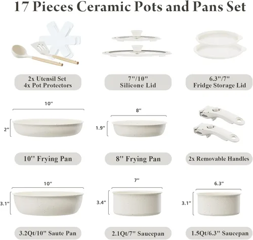 Miniatura 2 de Bazova Juego de utensilios de cocina antiadherentes de cerámica, saludable, no tóxico, juego de ollas y sartenes de 17 piezas, asas extraíbles