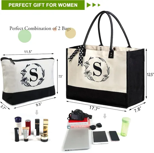 Miniatura 2 de BeeGreen Bolsas de lona con inicial, regalo de cumpleaños personalizado para mujer, monograma bordado con mango de cuero