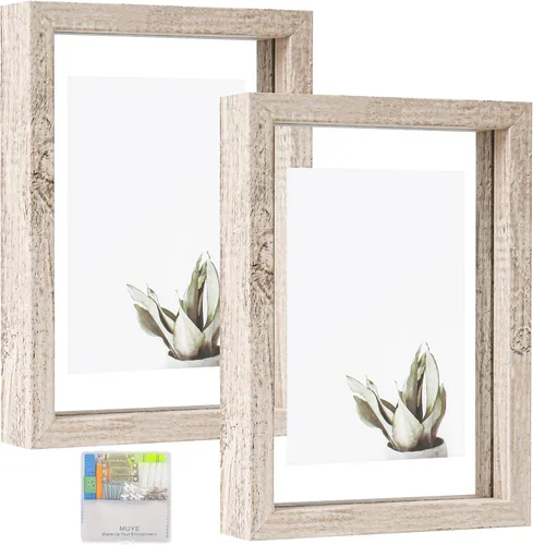 MUYE Marcos flotantes de 5 x 7 pulgadas, patrón de madera blanca y beige envejecida, marco de fotos de doble cristal para mostrar fotos de cualquier