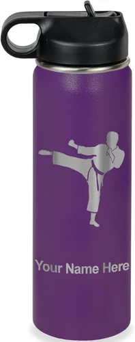 Miniatura 45 de Botella de agua personalizada LaserGram, Karate Man, de acero inoxidable con doble pared aislada al vacío con tapa abatible, regalo personalizado