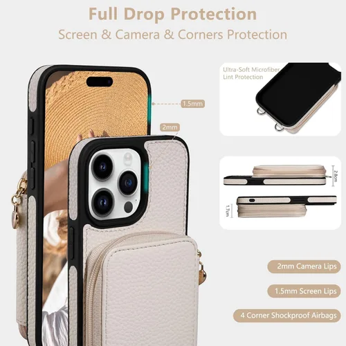 Miniatura 4 de Funda compatible con iPhone 15 Pro Max de 6.7 pulgadas, cremallera cruzada con ranuras para tarjetas de bloqueo RFID, soporte, cordón y correa