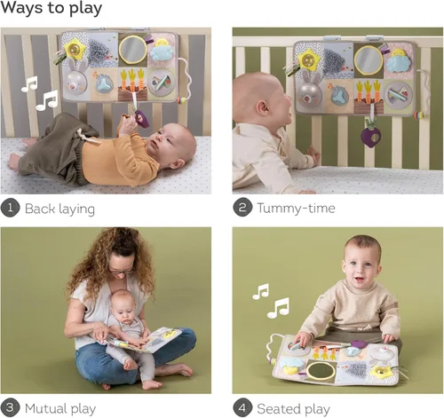 Miniatura 7 de Taf Toys Tablero de actividades para recién nacidos y niños pequeños con música y luces, 13 actividades Montessori, espejo seguro para bebés