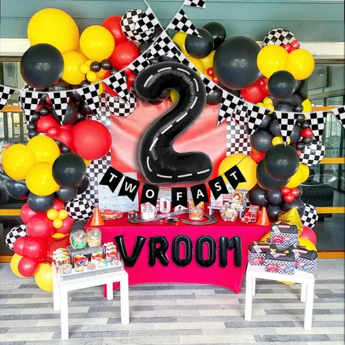 Miniatura 4 de 134 piezas Suministros de decoración de fiesta de cumpleaños de coche de carreras para niños - Globos de temática de carreras de cumpleaños Globos