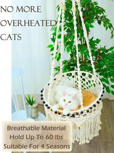 Miniatura 6 de KARCEEY Hamaca de macramé para gatos, cama colgante para pared y ventana, columpio bohemio con kit completo de herramientas y juguete de pezón